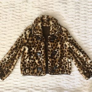 Fluffy Faux Fur Leopard Cheeta Print Jacket, Size L